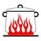 Cartoon pan with the lid closed on a red gas stove. Vector image kitchen pan in the fire. Vector illustration