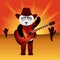 Cartoon panda bear with acoustic guitar on desert background with sunburst sky.