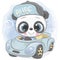 Cartoon Panda boy in a cap goes on a Blue car