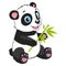 Cartoon Panda Eats Bamboo Branch. Little Funny Bear Panda Vector Image.