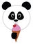 Cartoon panda holding a cone ice cream topped with a strawberry, vector or color illustration