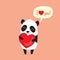 Cartoon panda holding heart and saying I love you in speech bubble. Greeting card for Valentine`s Day