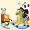 Cartoon panda riding rocking horse