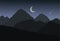 Cartoon panoramic view of mountain landscape and valley for winter or summer night under dark gray sky with stars, crescent moon a