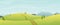 Cartoon panoramic view of summer day nature in. Mountains, fields and hills with snow-capped peaks, trees, firs. A path leading