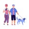 Cartoon parents with baby walking a dog - happy family on leisure walk