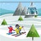 Cartoon parents and little kids skiing together