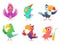 Cartoon parrots characters. Cute feathered birds with colored wings funny exotic parrot various action poses vector