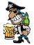 Cartoon Partying Pirate Drinking Beer with Parrot and Peg Leg Isolated Vector Illustration