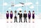 Cartoon with passenger room in airport terminal and professional airline team in uniform vector illustration