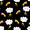 Cartoon pattern with funny clouds, rainbow and lightning on black background. Comics style. Vector