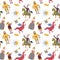 Cartoon pattern with medieval characters on white background.