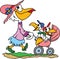 Cartoon pelican mother taking her triplets for a walk in the park vector illustration