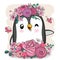 Cartoon Penguin with flowers on a white background