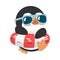 Cartoon penguin with inflatable ring and sunglasses