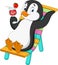 Cartoon penguin sitting on beach chair and holding cocktail