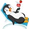 Cartoon penguin sitting on beach chair and holding cocktail