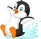 Cartoon penguin sliding on water