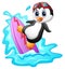 Cartoon penguin surfing on water