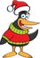 Cartoon penguin wearing a sweater and a Santa hat.