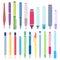 Cartoon pens and pencils. Writing pen, drawing pencil and highlighter marker vector illustration set