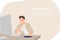 Cartoon people character design banner template handsome designer looking at computer monitor and drinking coffee