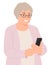 Cartoon people character design elderly senior woman looking at cell phone happily