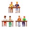 Cartoon people eating together - set of men couples sitting at lunch table