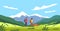 Cartoon people hike. Tourist couple and dog, summer mountains landscape, family with backpack traveling, nature trail