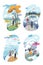 Cartoon people and natural landscapes scenes set