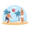 Cartoon people playing summer volleyball on beach