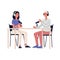 Cartoon people recording a podcast - man and woman sitting at table and talking