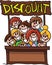 Cartoon people smiling behind a counter happy because of the discount vector