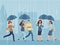 Cartoon people with umbrella walking the street in rainy day