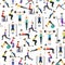 Cartoon People Workout Exercise in Gym Background Pattern on a White . Vector