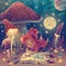 Cartoon personage as artist in fantasy mushroom garden with painter tools, painting illustrator girl as comics character creator