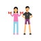 Cartoon personal trainer holds training session with young woman, girl doing exercises with dumbbells