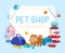 Cartoon pet shop accessories and equipment poster. Domestic pet food, toys and accessories vector background