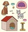 Cartoon pets. kitten, puppy and accessories for them. doghouse, stove bench, bowls, sharpener for claws, toys