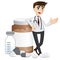 Cartoon pharmacist with medicine pills and bottle