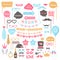 Cartoon photo booth props elements for wedding party collection with jewelry, champagne, glasses mustaches, funny text