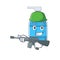 A cartoon picture of Army hand wash gel holding machine gun