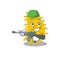 A cartoon picture of bacteria spirilla in Army style with machine gun