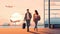 Cartoon picture of happy couple man and woman standing together on the territory of the airport AI