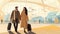 Cartoon picture of happy couple man and woman standing together on the territory of the airport AI