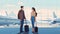 Cartoon picture of happy couple man and woman standing together on the territory of the airport AI