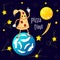 Cartoon piece of pizza in cosmos planet Earth on a background of a cheese moon