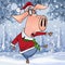 Cartoon pig in Christmas clothes dancing in the winter forest