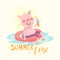 Cartoon pig, piggy, piglet in the float pool with glass of juice