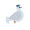 Cartoon pigeon post with blue postman`s hat with open wings in fly